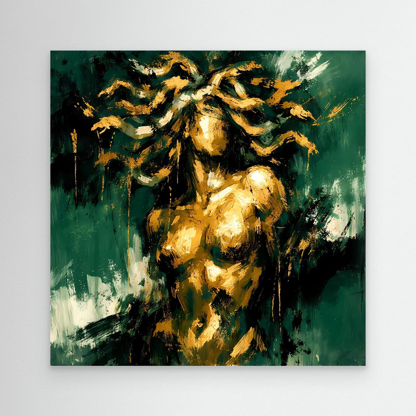 Leinwand Mystische Medusa in Smaragdgrün | Abstraktes Mythologie Wandbild Gold