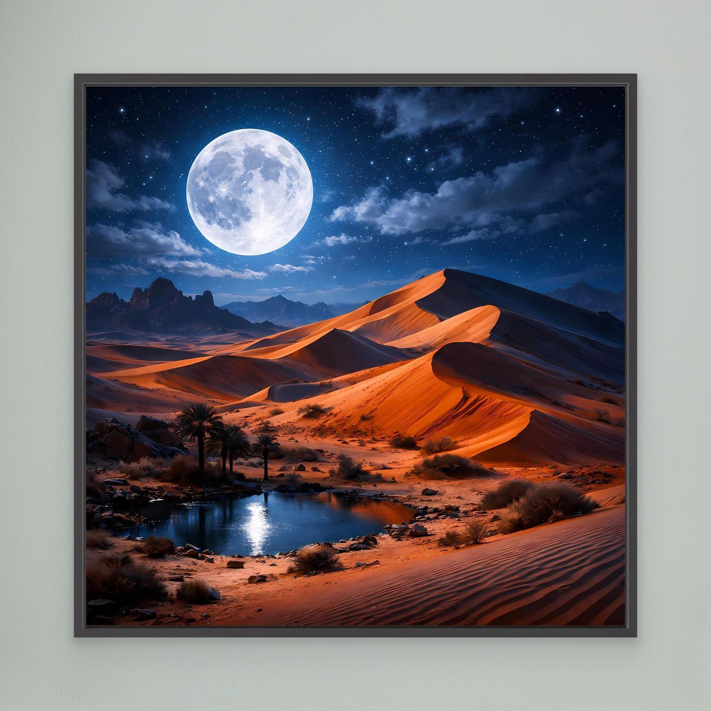 Wandbild mit Wüstenlandschaft, Mond und orangefarbenen Dünen, schwarzer Rahmen