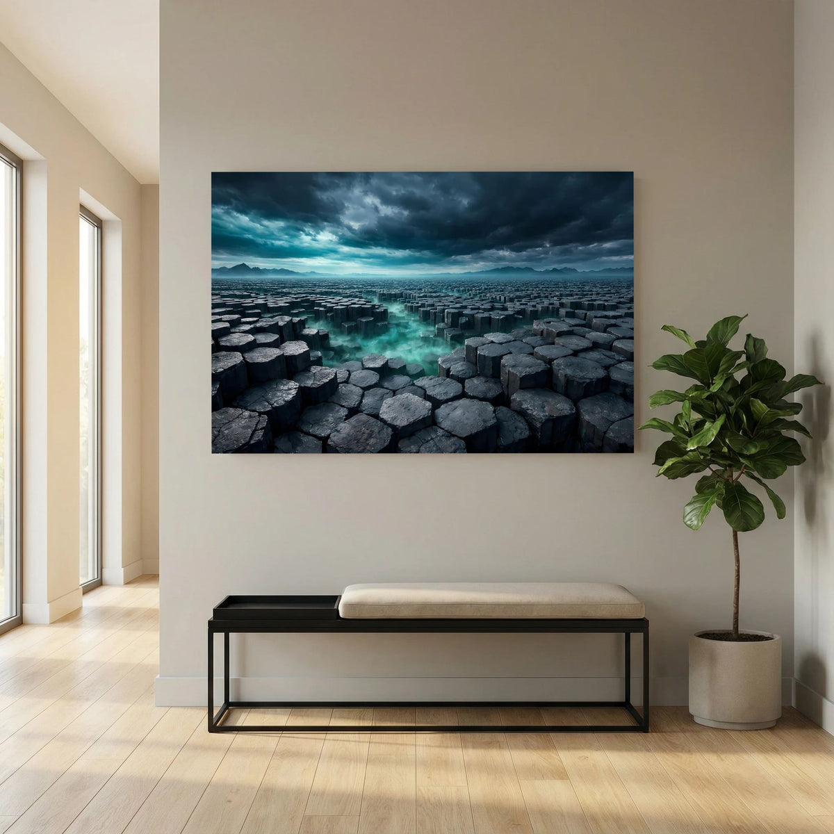 Wandbild im Querformat mit Basaltsäulen zwischen Steinblöcken, türkisfarbene Wasserstelle, dunkler Himmel