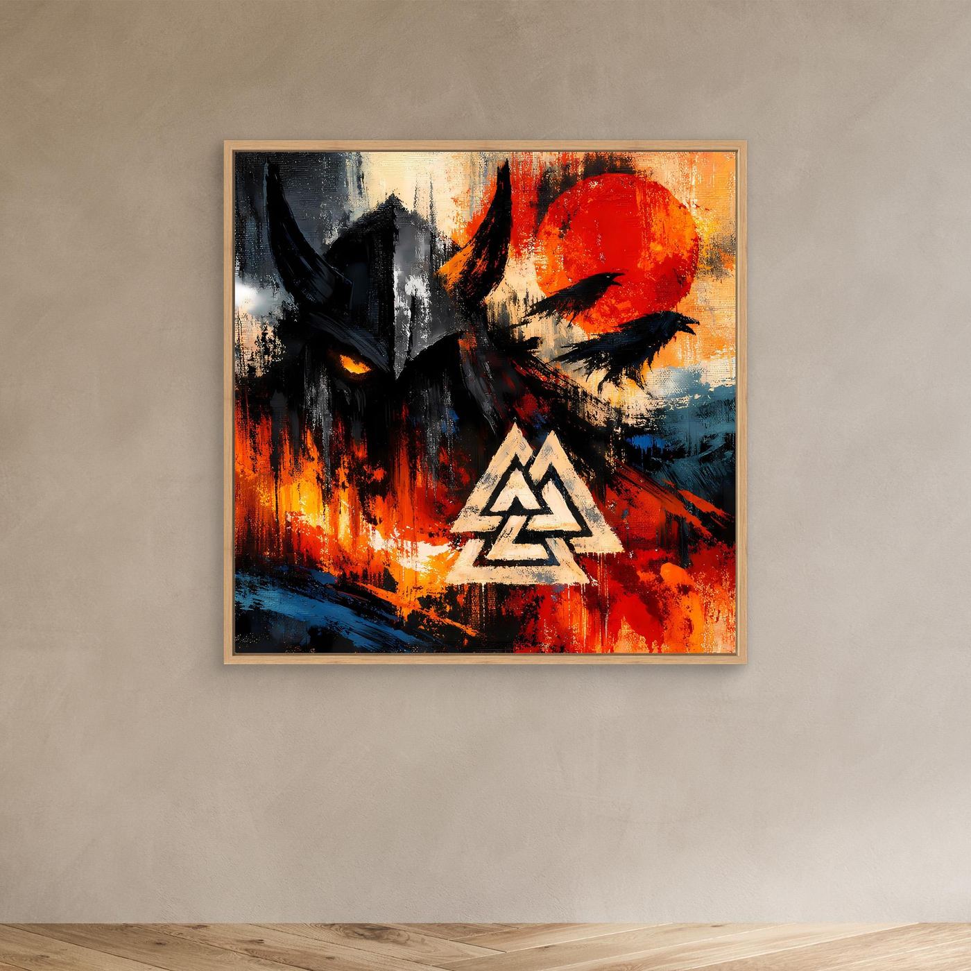 Leinwand-Wandbild mit Rabe und Valknut-Symbol, Holzrahmen