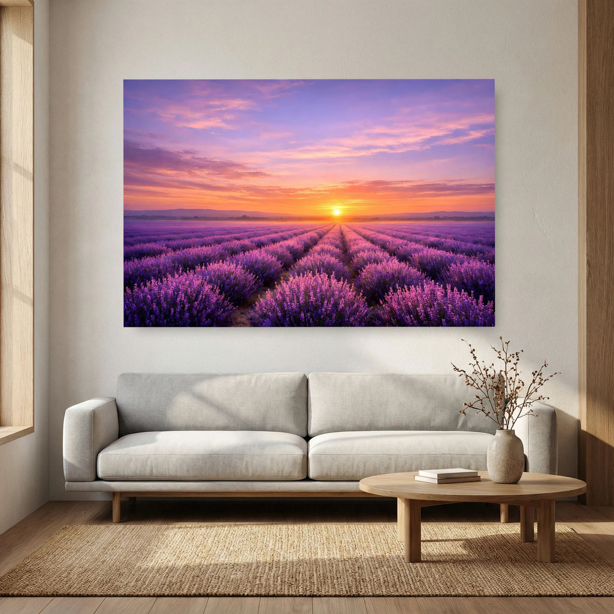 Wandbild im Querformat: Lavendelreihen im Sonnenuntergang, violett leuchtende Blüten