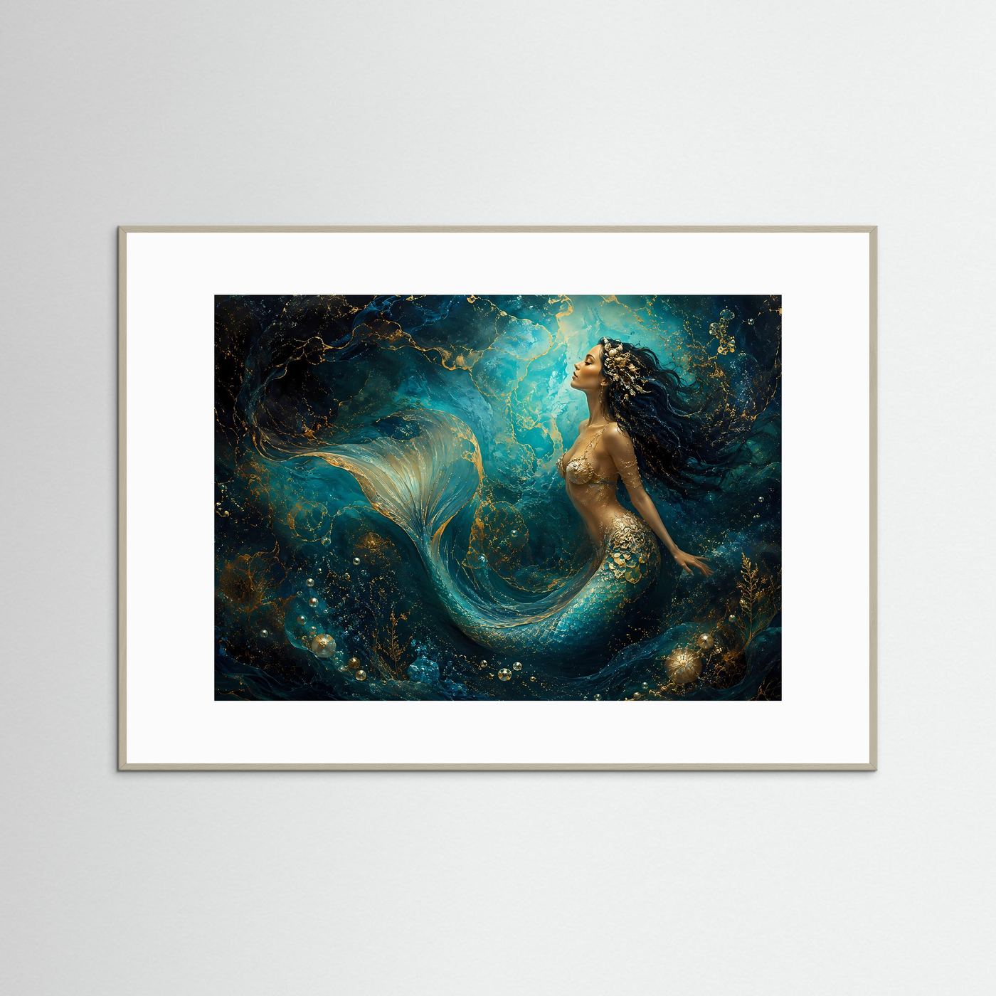 Meerjungfrau Poster | Mystische Unterwasser Wandkunst | Elegante Fantasy Meerjungfrau mit Gold | Modernes Ozean Wandbild