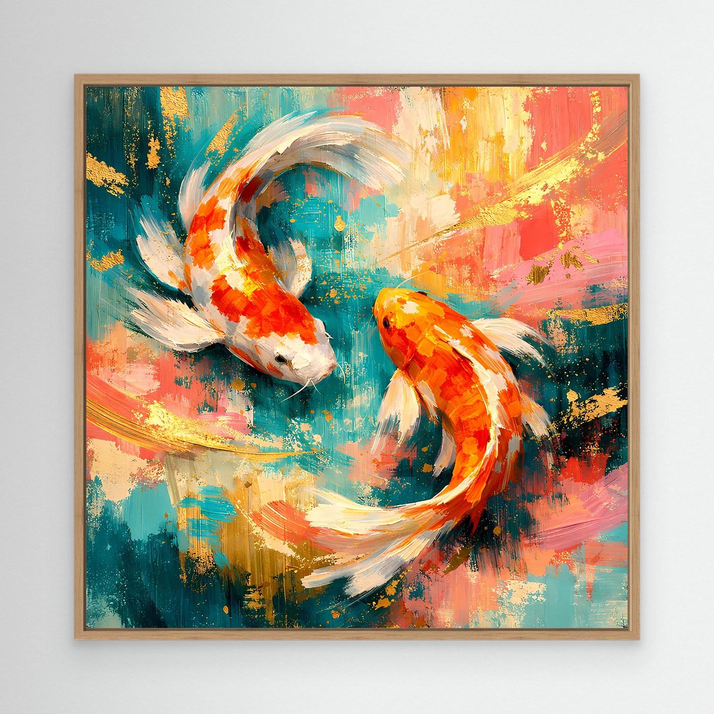 Leinwandbild mit Koi-Fischen im abstrakten Yin-Yang, mit Eichenrahmen