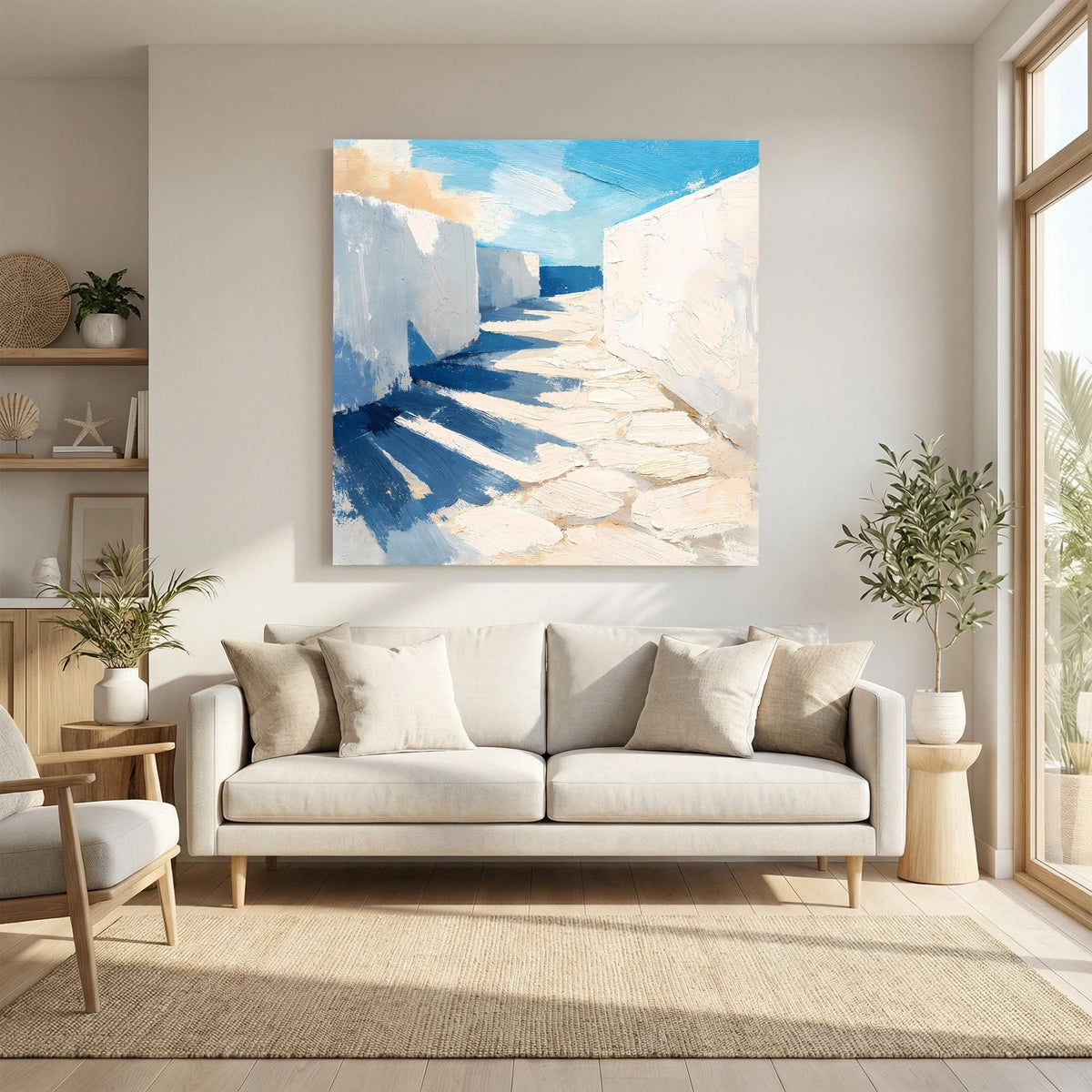 Quadratisches Leinwandbild mit abstrakter Gassenlandschaft, weißen Wänden, blauem Himmel
