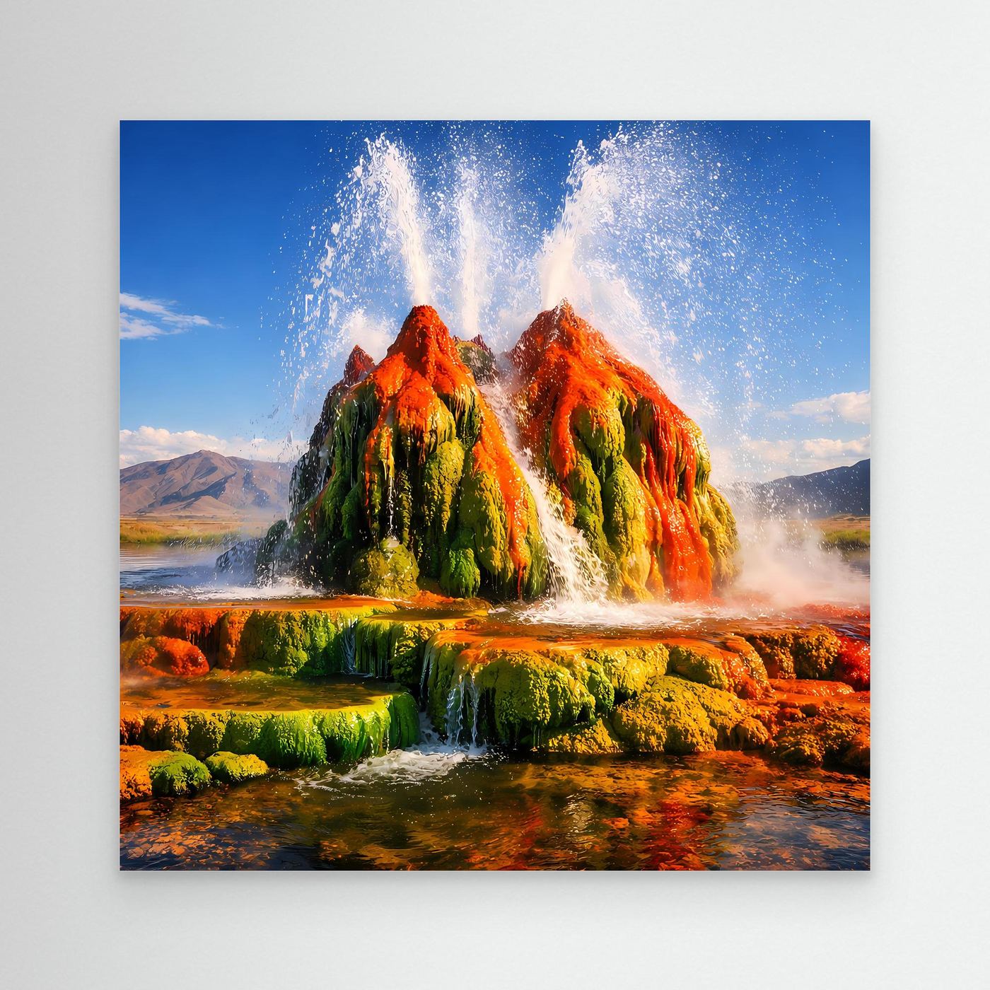 Leinwandbild mit buntem Geysir und Wasserfontänen in felsiger Landschaft
