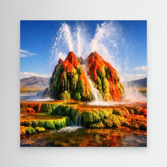 Leinwandbild mit buntem Geysir und Wasserfontänen in felsiger Landschaft