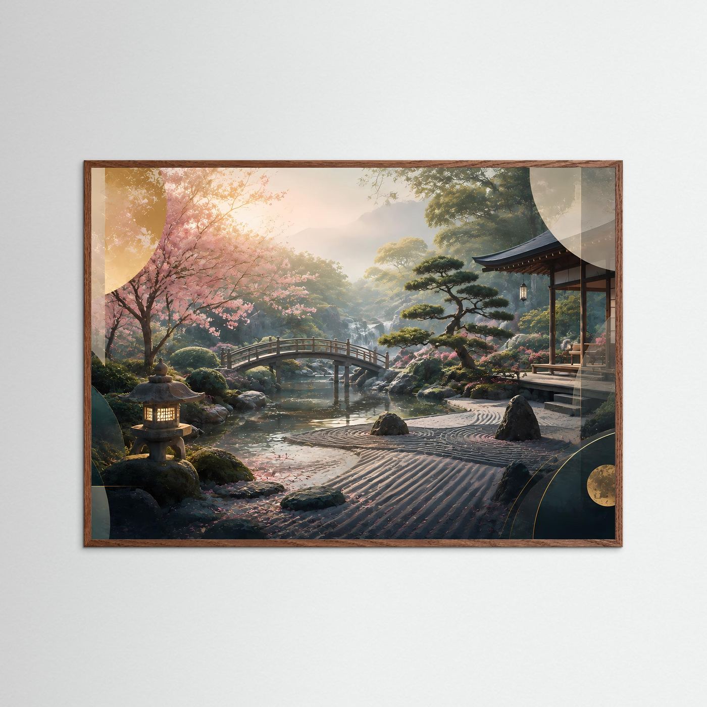 Japanischer Zen Garten Poster Querformat | Kirschblüten, Bonsai & Japanische Brücke | Asiatisches Wandbild in Rosa, Grün & Gold