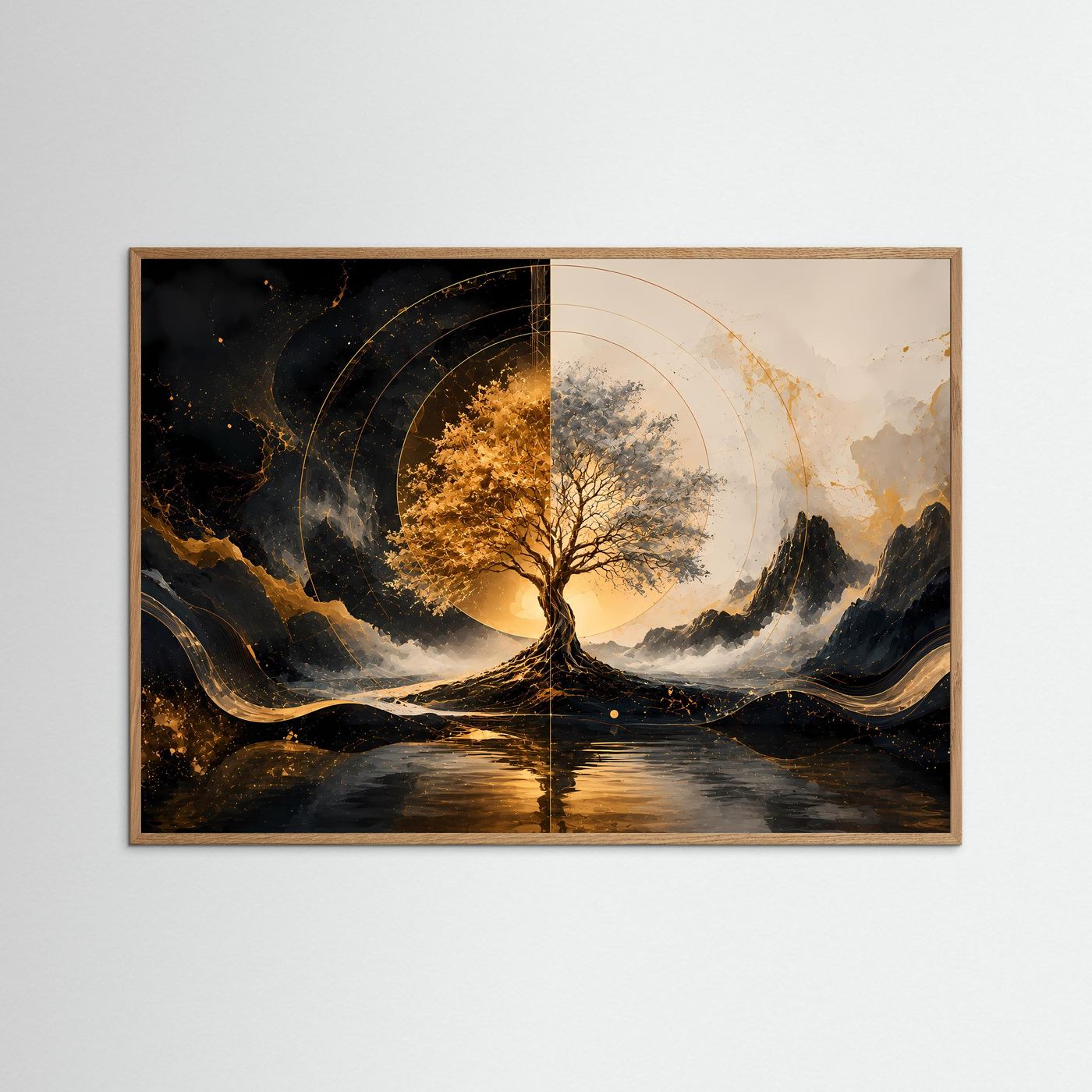 Baum des Lebens in Schwarz & Gold | Mystische Landschaftskunst mit Bergen