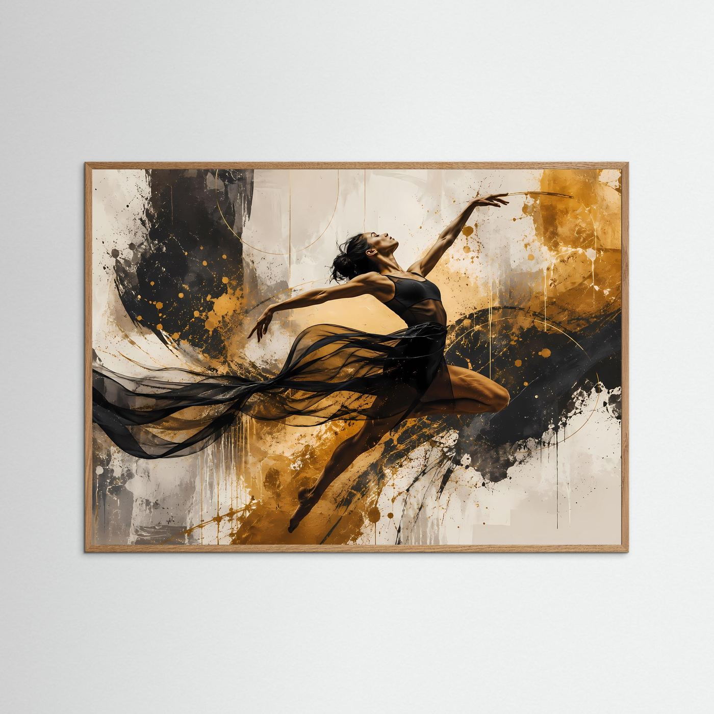 Dynamische Tänzerin in Schwarz, Weiß & Gold | Abstraktes Kunstposter im Querformat | Modernes Wandbild