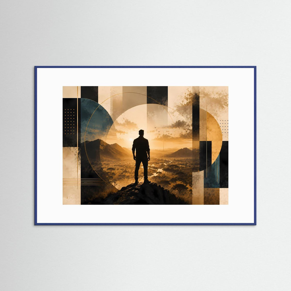 Gerahmtes Querformat-Poster mit Mann-Silhouette, gold-schwarzer abstrakter Berglandschaft