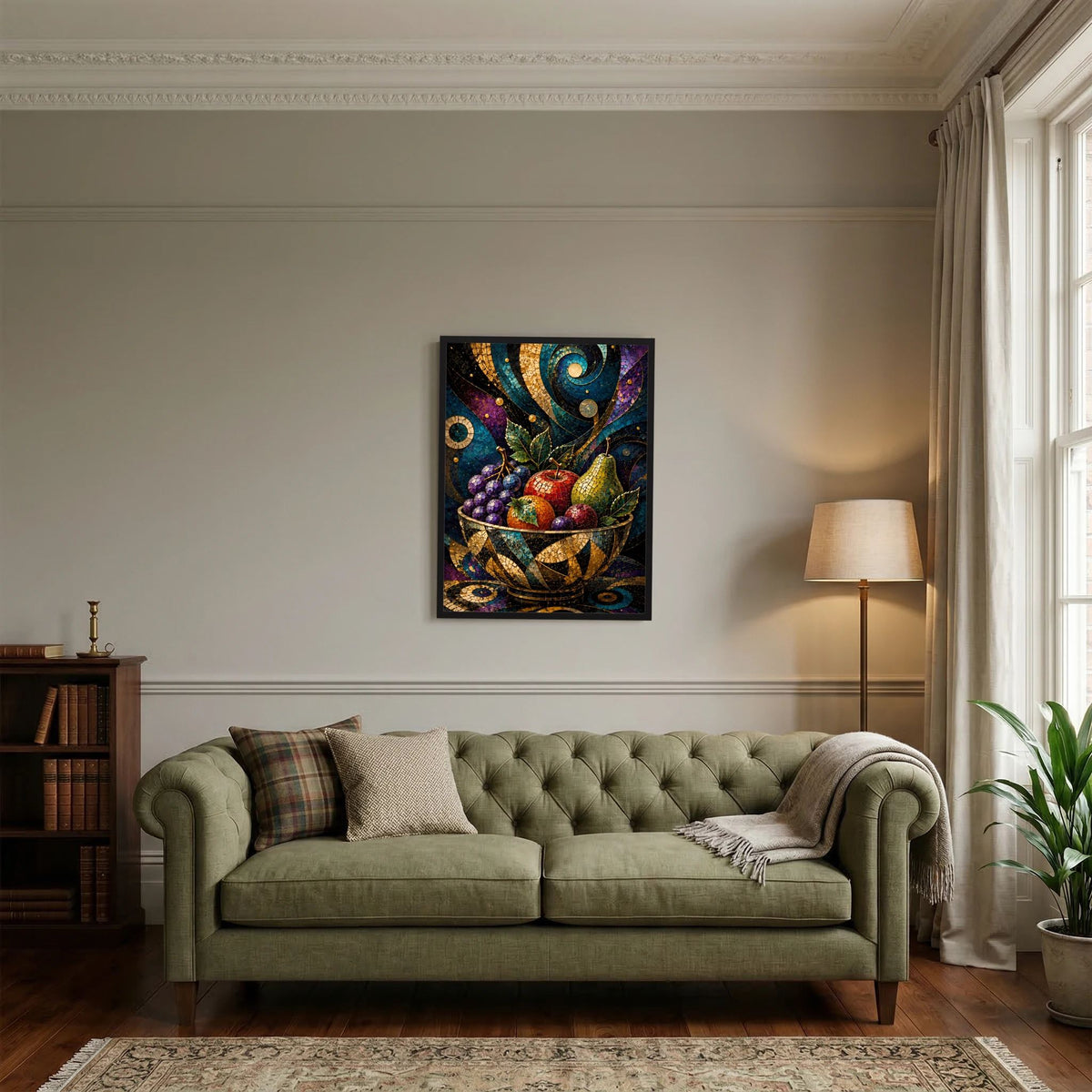 Wandposter mit Mosaik-Obstschale und goldenen Ornamenten, violett-blau