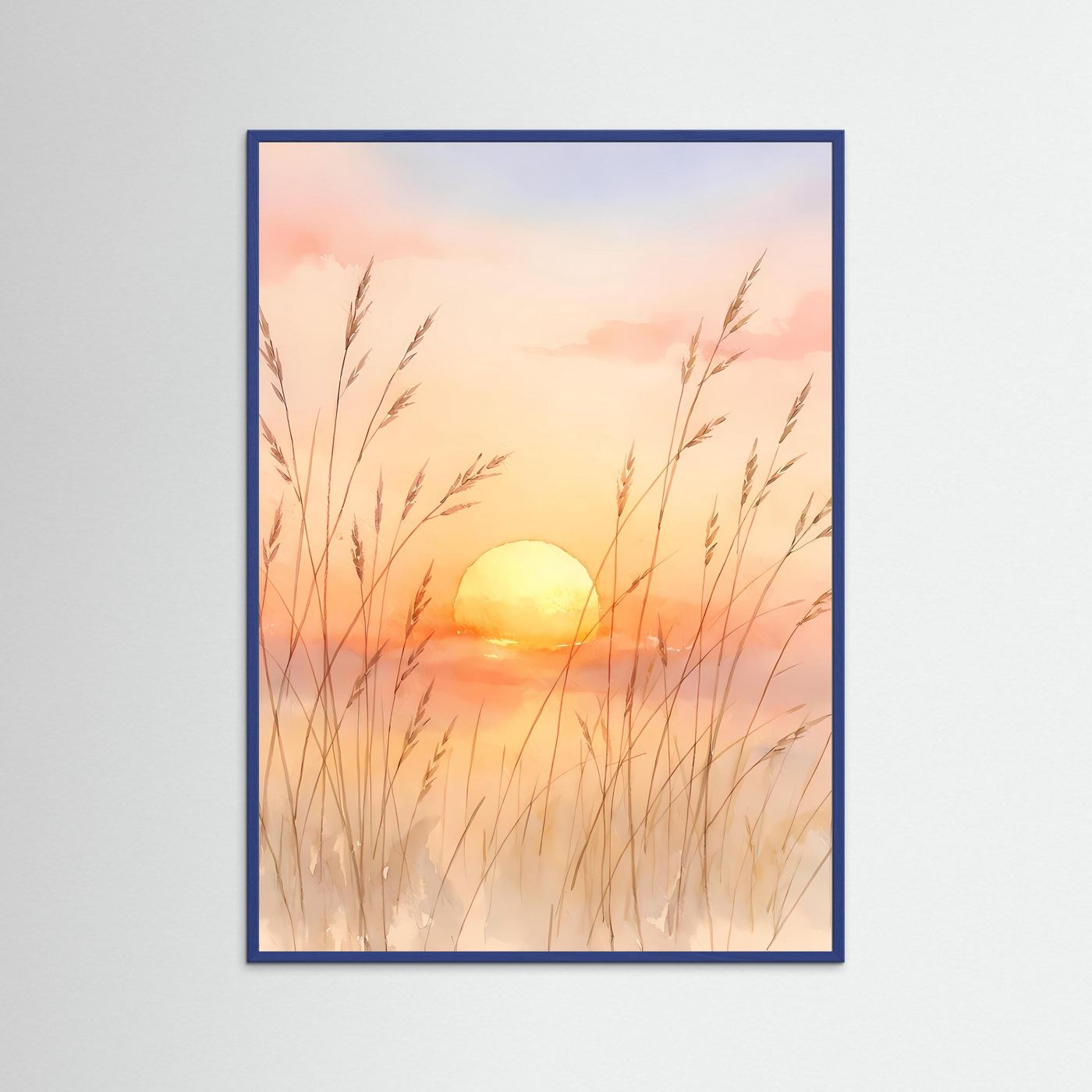 Poster Aquarell-Sonnenuntergang im Gras, blauer Rahmen, weißer Innenrand