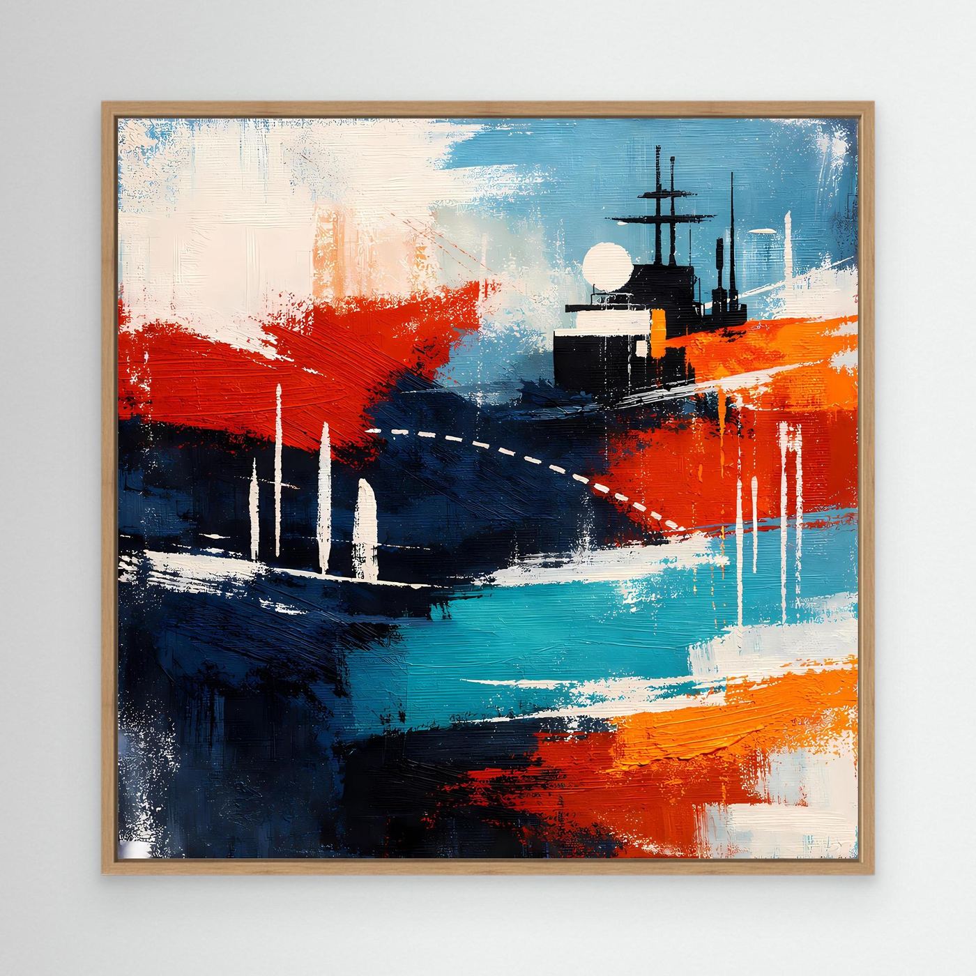 Abstraktes Leinwand-Wandbild mit Schiff in Blau, Rot und Türkis, Eichenrahmen