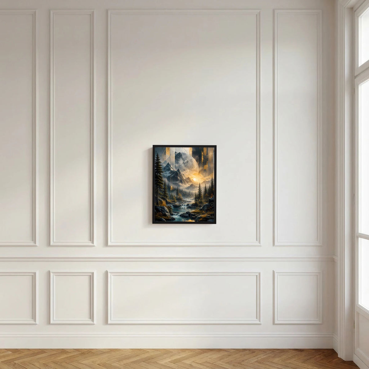 Gerahmtes Poster mit Gebirgslandschaft, Fluss und goldenem Licht in den Bergen