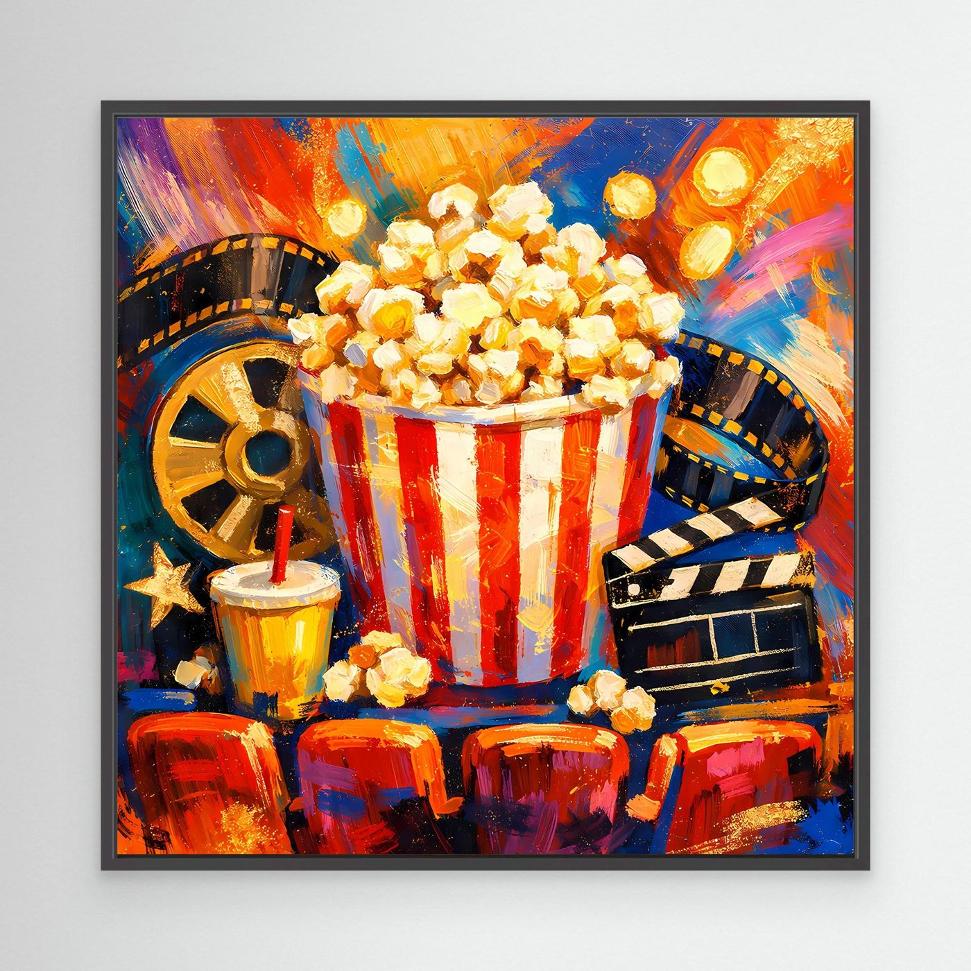 Leinwandbild mit Popcornbecher (rot-weiß) und Filmstreifen, schwarzer Rahmen