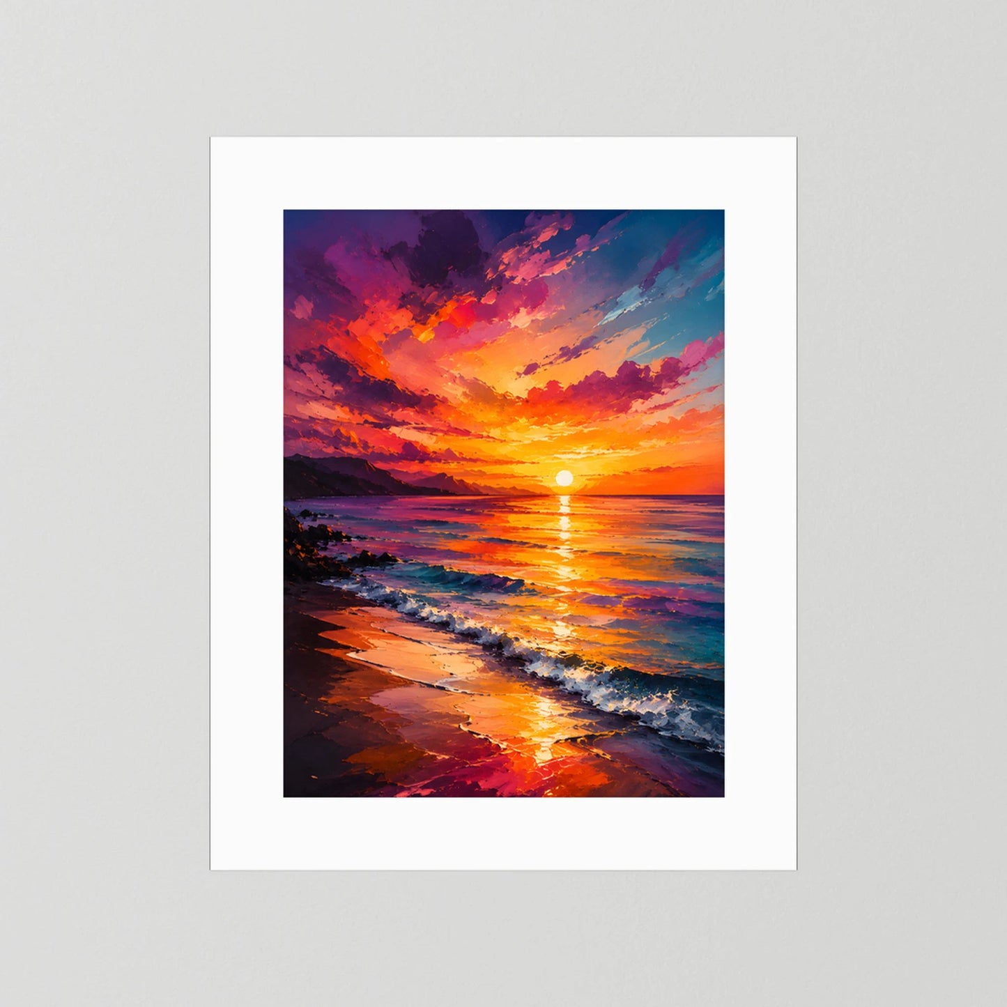 Kunstposter Sonnenuntergang am Meer, weißes Passepartout, ohne Rahmen, Hochformat