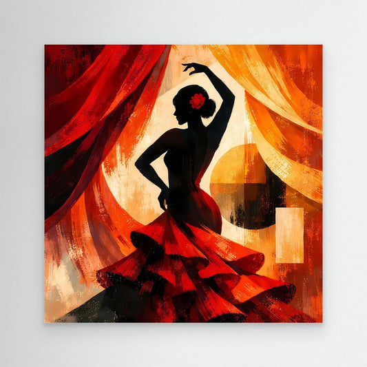 Leinwandbild mit Flamenco-Silhouette: rote und orange Tücher, schwarze Tänzerin mit roter Blume.