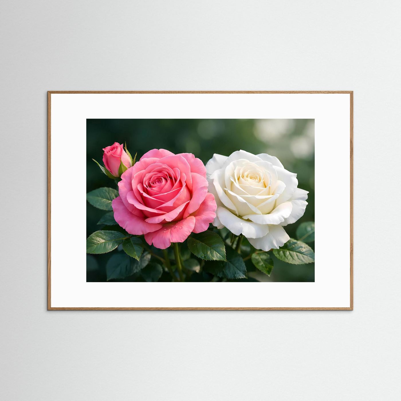 Blumenposter mit rosa und weißer Rosenblüte, Holzrahmen