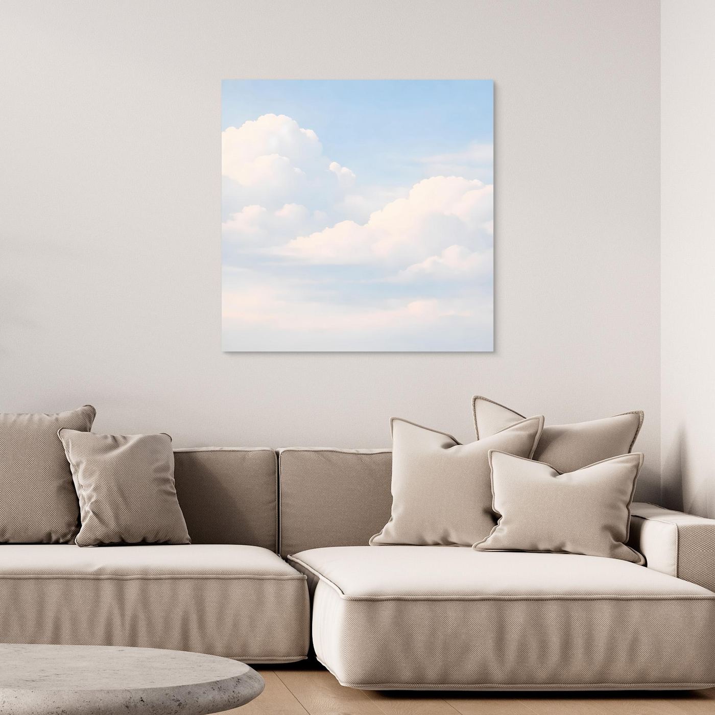 Leinwandbild mit pastellfarbenem Himmel und sanften Wolken, ohne sichtbaren Rahmen