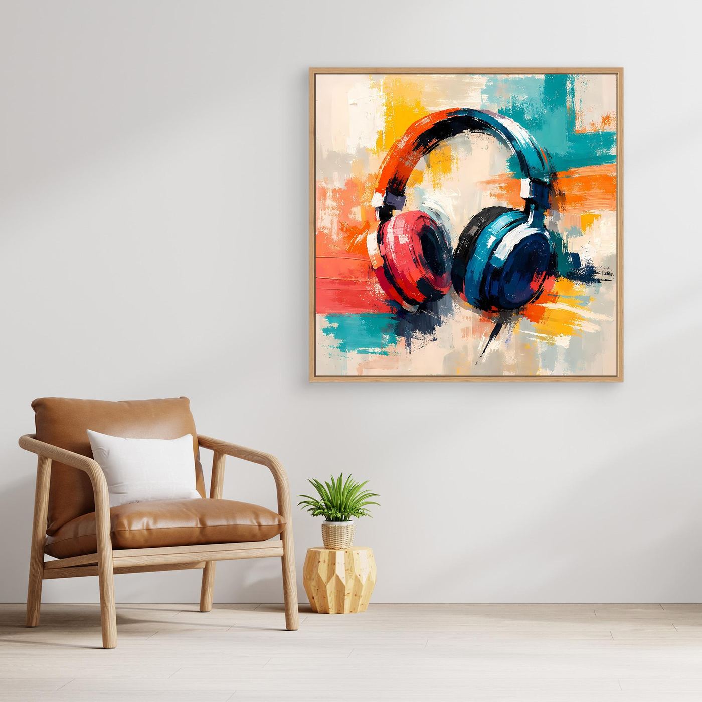 Framed abstract canvas wall art of DJ headphones with red, blue, and teal paint, light wood frame