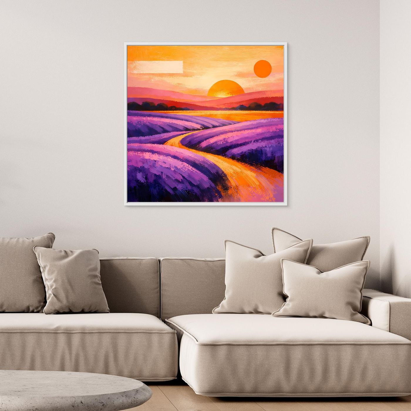 Leinwand-Wandbild mit violetten Lavendelpflanzen, lila Wegen und orangefarbenem Himmel