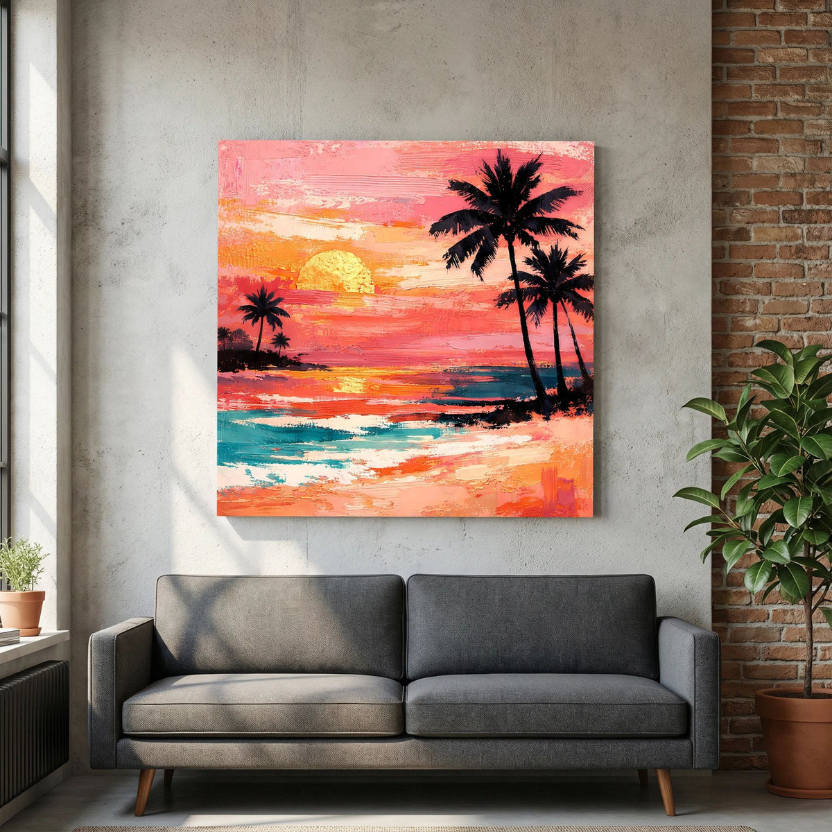 Rechteckiges Leinwandbild mit Sonnenuntergang über dem Meer, große Palme und pastellige Terrakottafarben