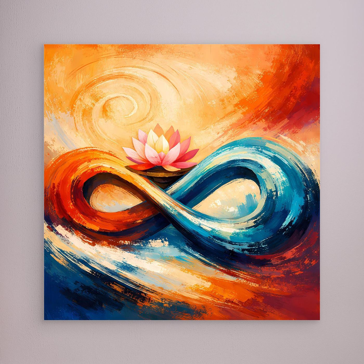 Abstraktes Leinwand-Wandbild mit Lotusblüte und Unendlichkeit in Orange, Blau und Rosa