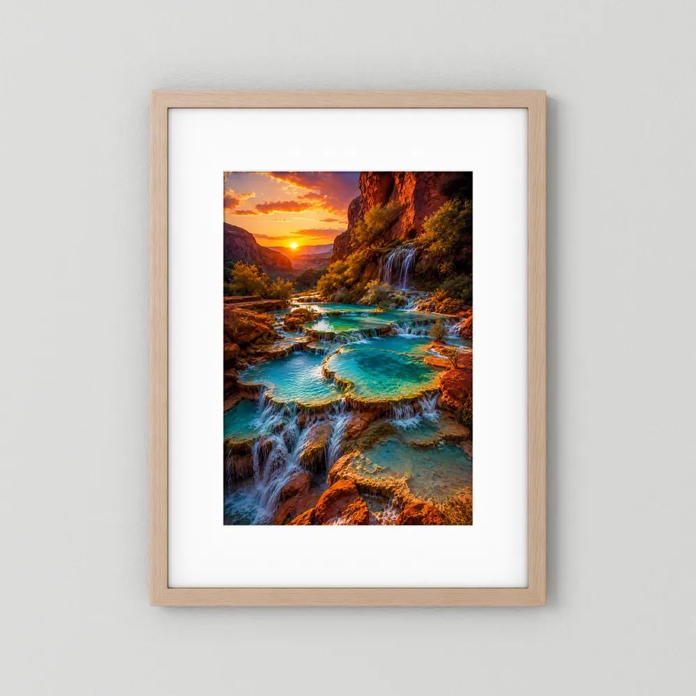 Hochformat-Poster im hellem Holzrahmen mit Passepartout: Canyonwasserfall bei Sonnenuntergang