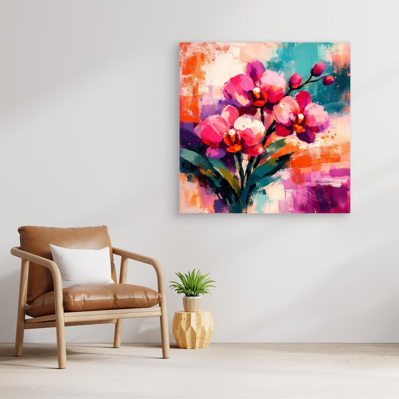Orchideen-Leinwandbild im abstrakten Stil mit pinken Blüten und türkis-orangen Farbflächen