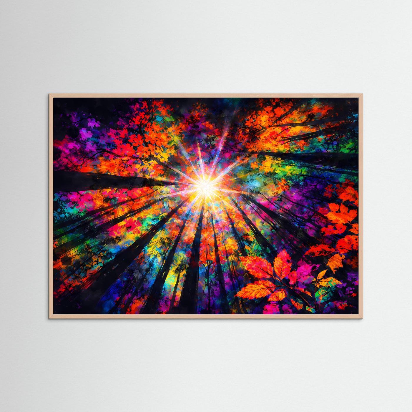 Abstraktes Kunstposter im Querformat in Rosenholzrahmen mit farbenfrohem Lichtstern