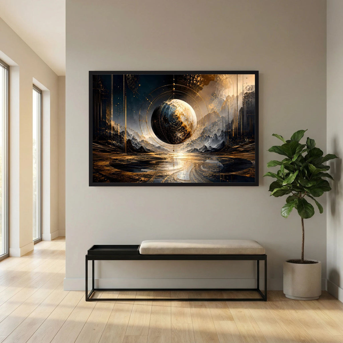 Weltkugel-Poster mit Planeten­sphäre in Gold-Schwarz, schwarzer Rahmen