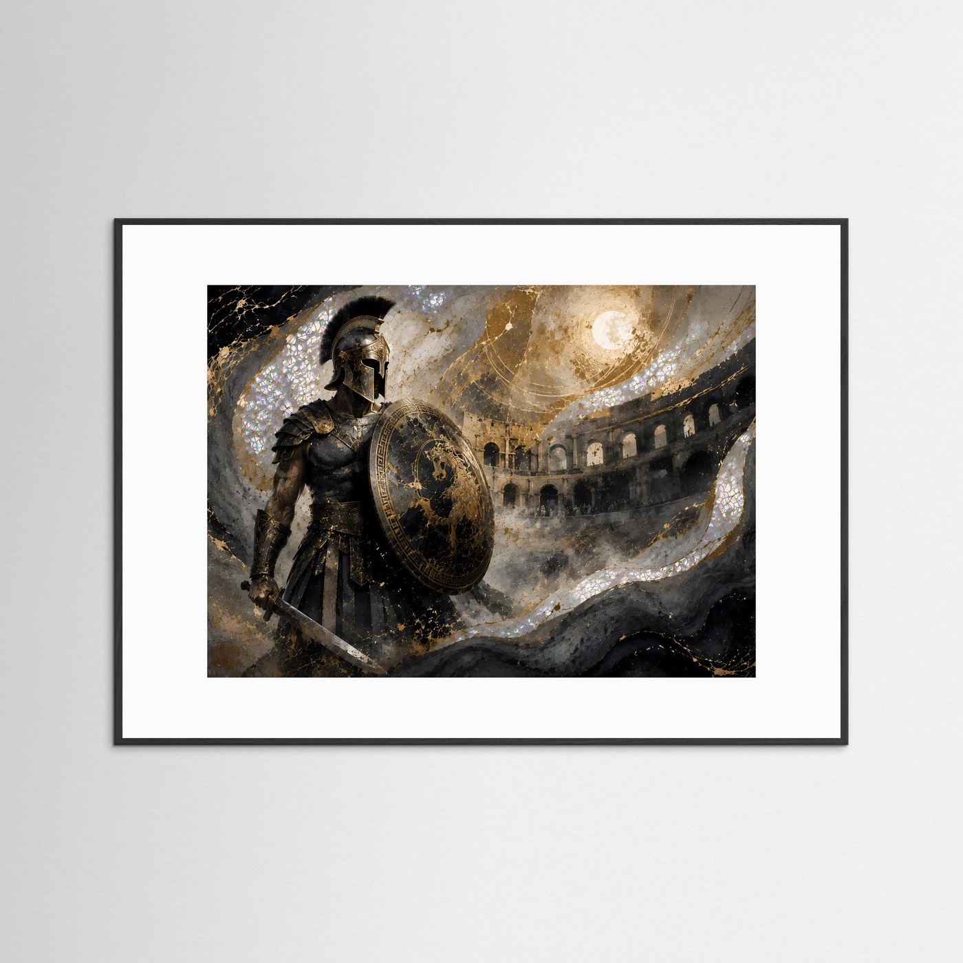 Poster mit weißem Passepartout und schwarzem Rahmen: Gladiator mit Rundschild