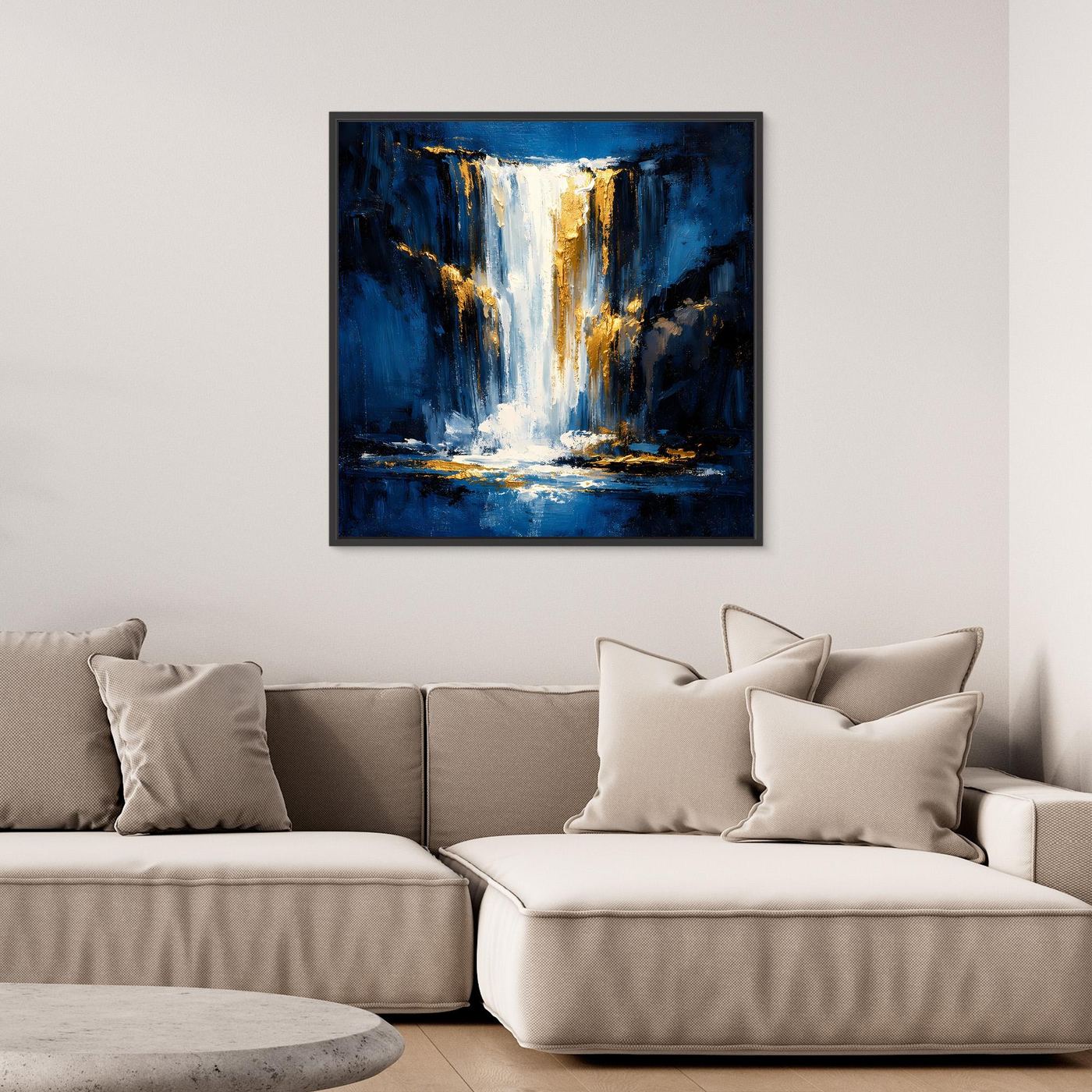 Leinwand Abstraktes Wasserfall Gemälde in Dunkelblau und Gold | Modernes Natur Wandbild