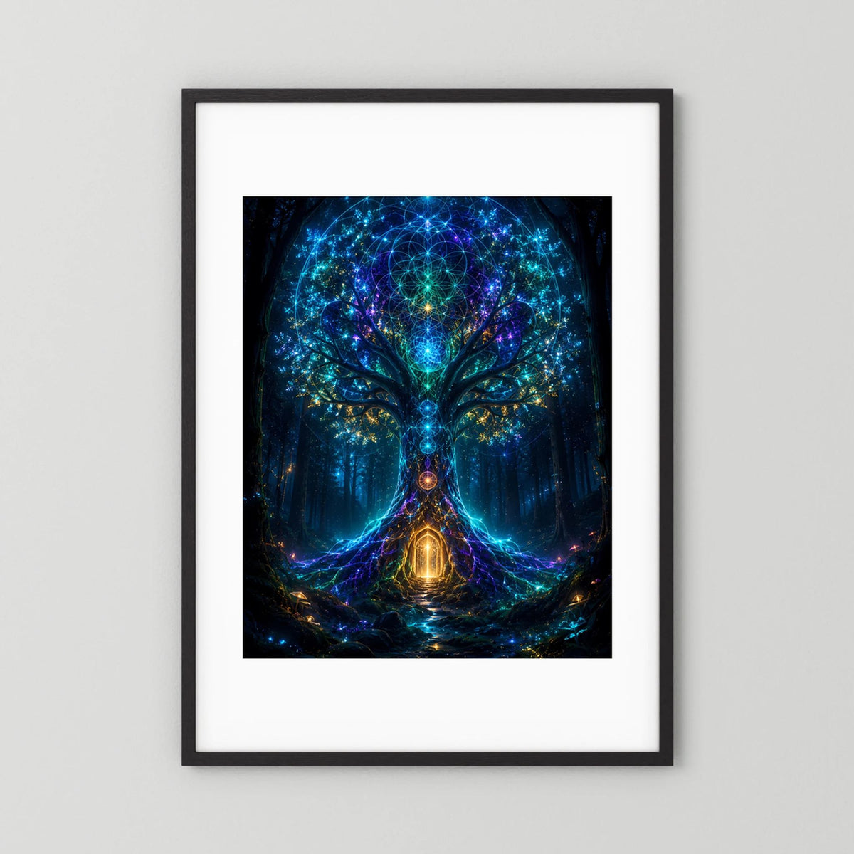 Hochformatiges Poster mit leuchtendem Baum-Motiv im schwarzen Rahmen mit weißem Rand