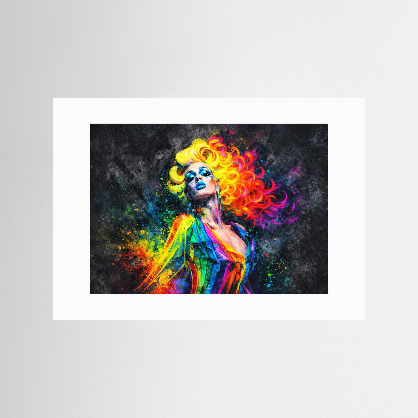 Pop-Art-Wandbild mit Porträt: bunte Locken, weißer Rand ohne Rahmen