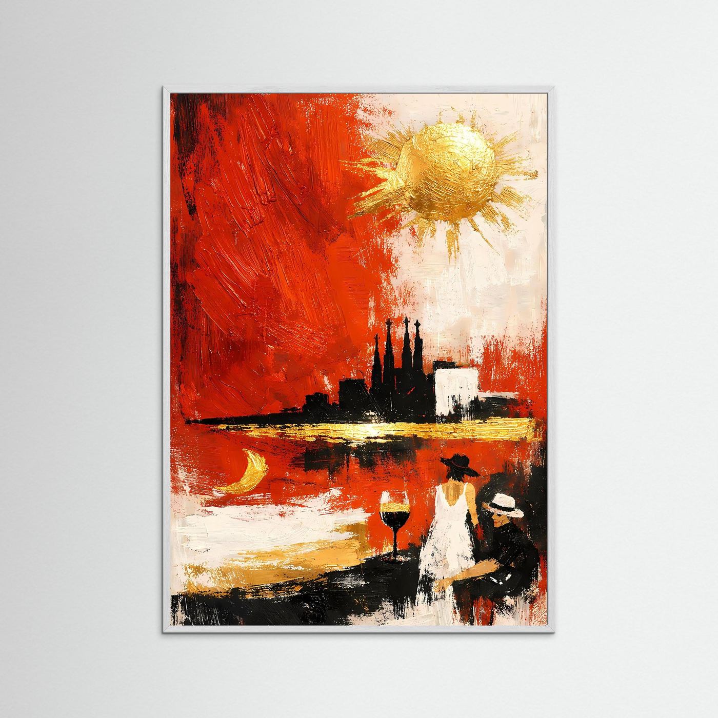 Abstraktes Skyline-Kunstposter mit weißem Holzrahmen, Feuerrot & Gold, Sonne, Figuren