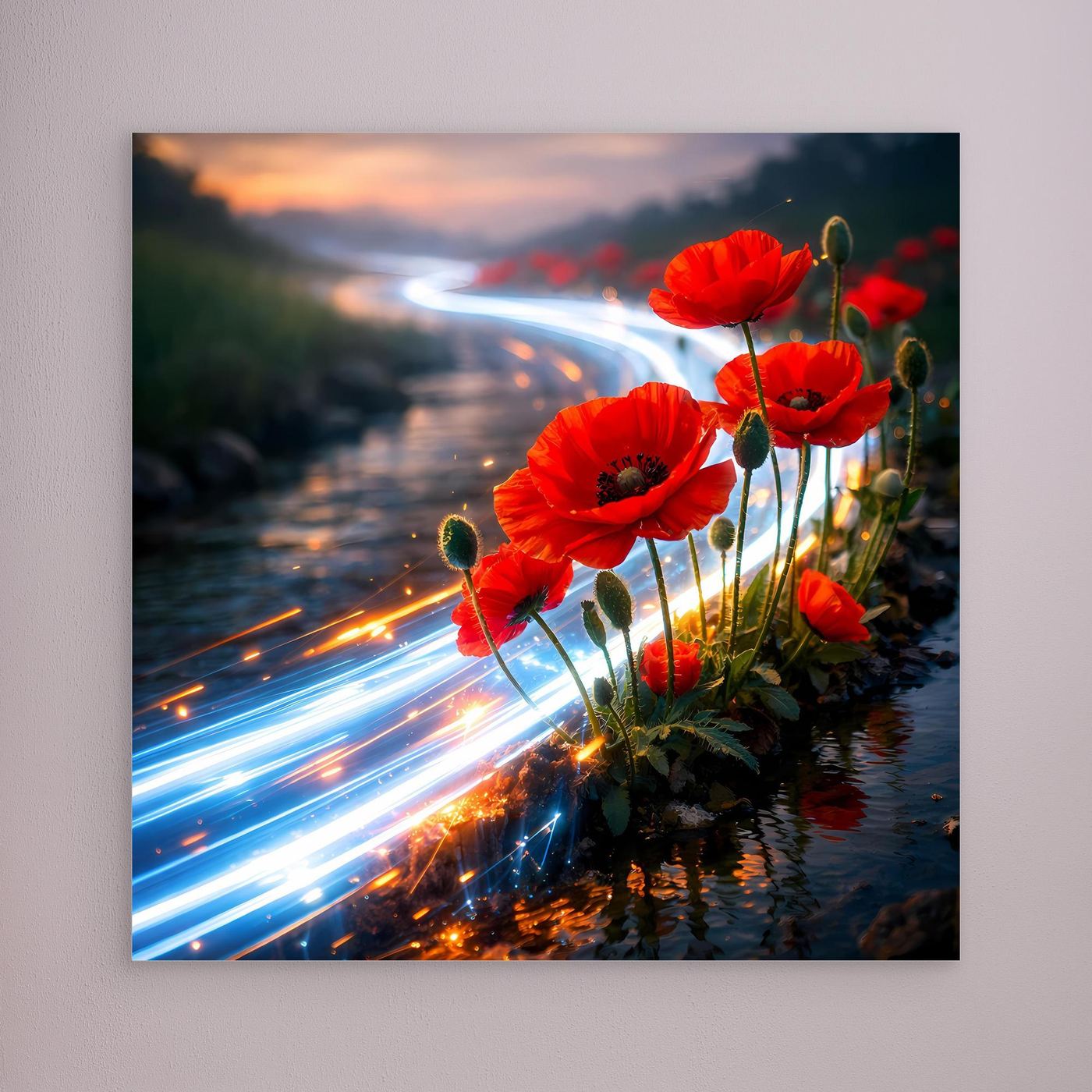 Leinwandbild mit roten Mohnblumen am Bach und Lichtspuren, ohne sichtbaren Rahmen