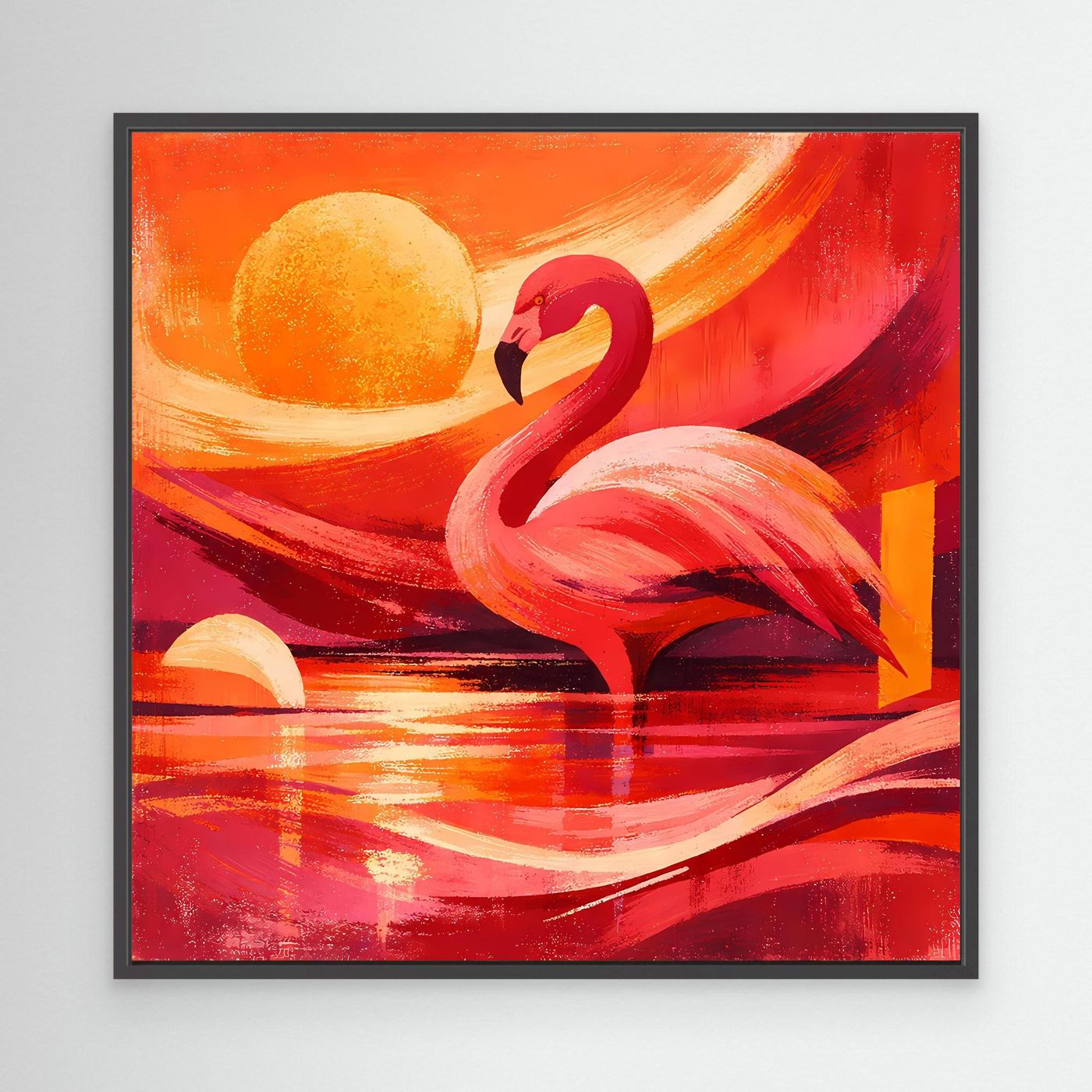 Modernes Leinwand-Wandbild im schwarzen Rahmen: roter Flamingo vor gelber Sonne und rotem Wasser