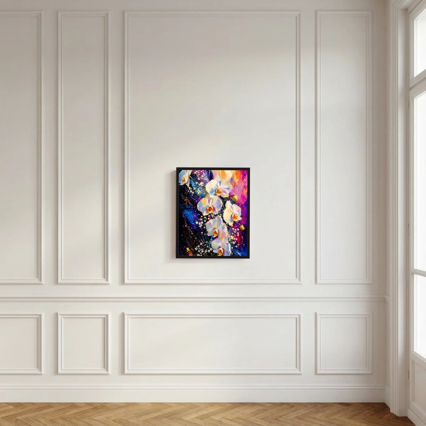Gerahmtes Kunstposter mit abstrakten weißen Orchideen und bunten Farbspritzern