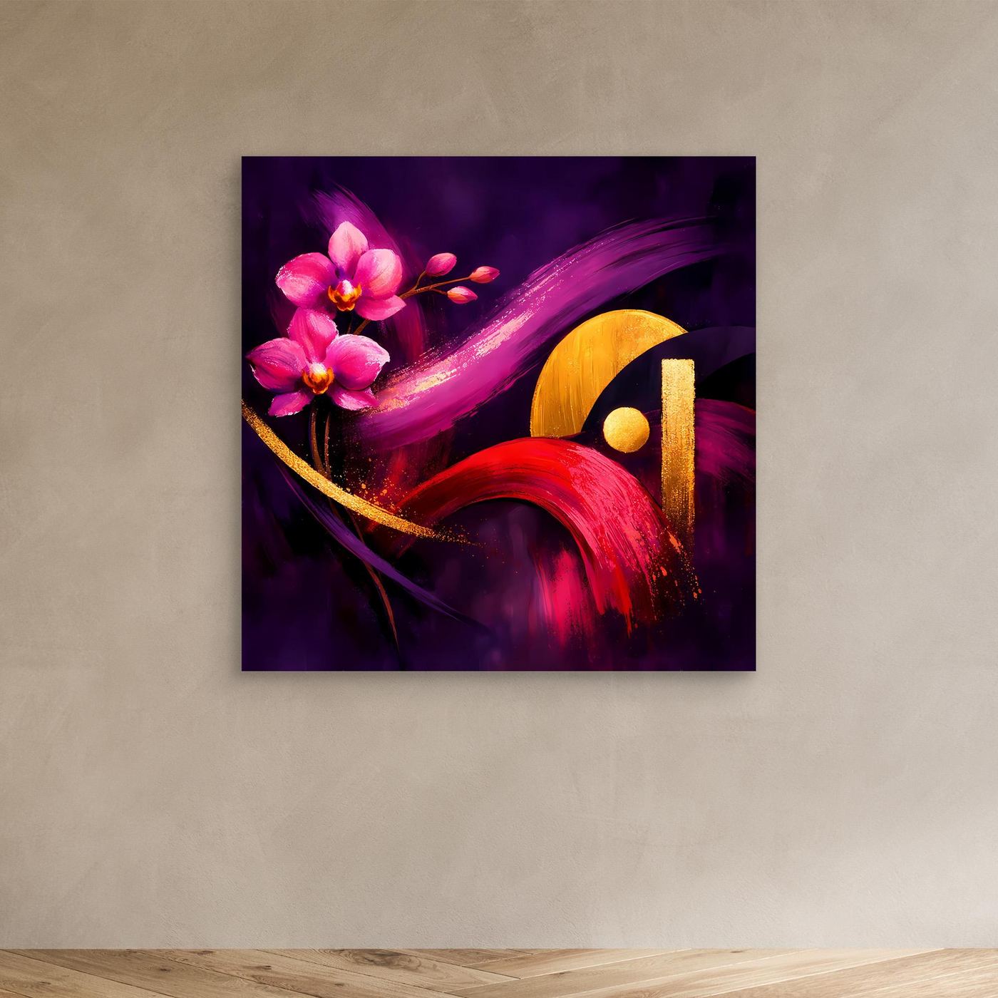 Leinwandbild ohne sichtbaren Rahmen mit pinken Orchideen und goldenen Details auf dunkellila
