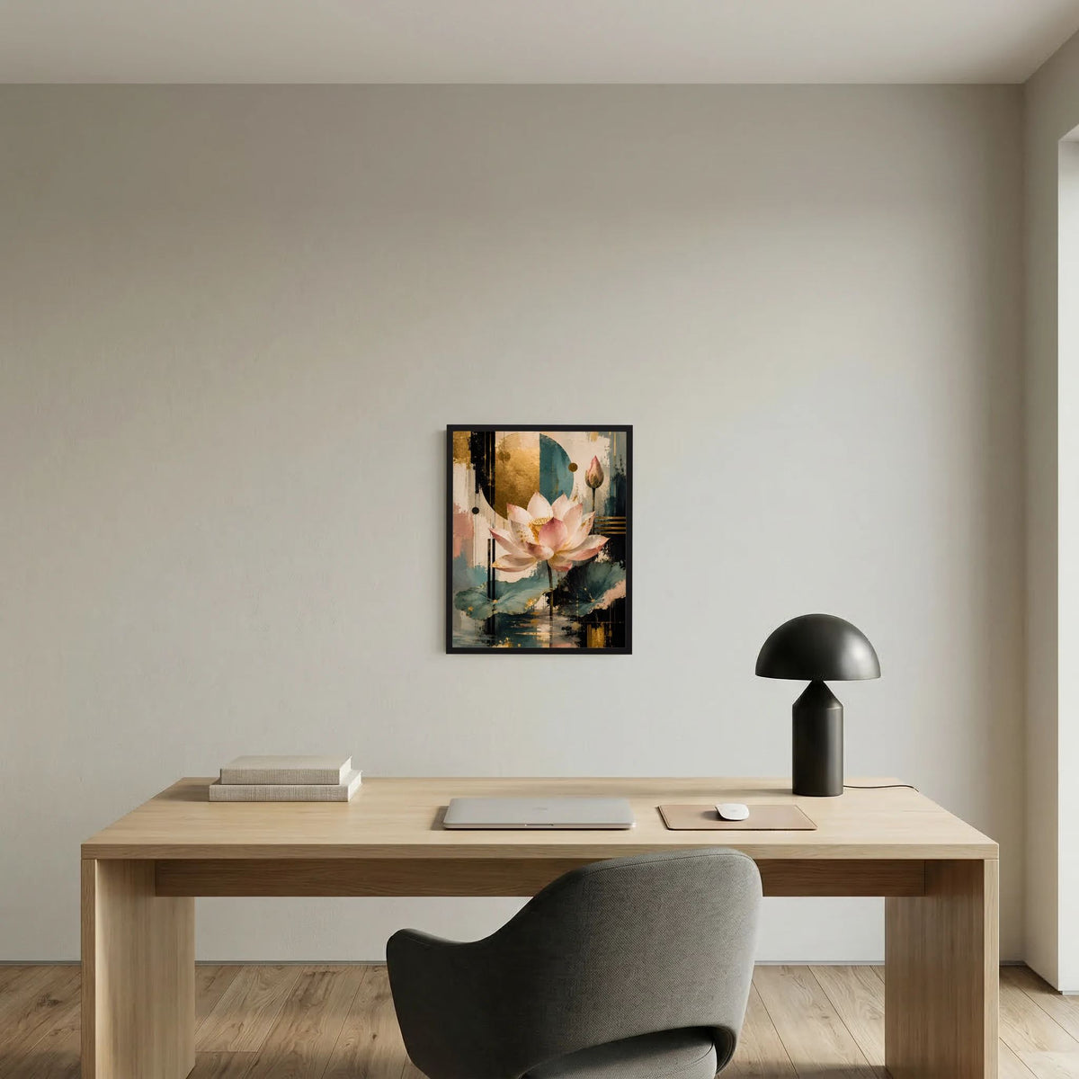 Gerahmtes Hochformat-Poster mit Lotusblüte in Rosa/Gold und abstrakten türkisen Akzenten