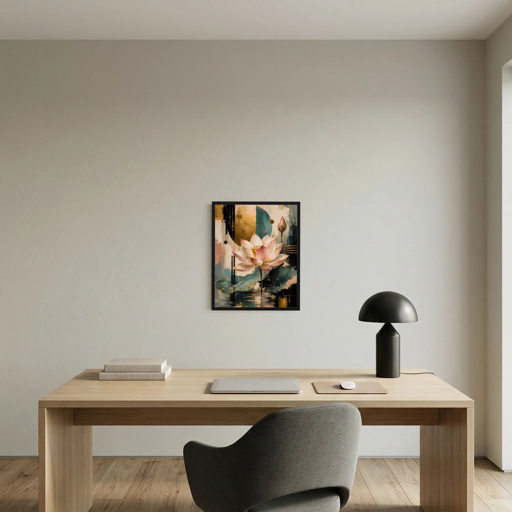 Gerahmtes Hochformat-Poster mit Lotusblüte in Rosa/Gold und abstrakten türkisen Akzenten