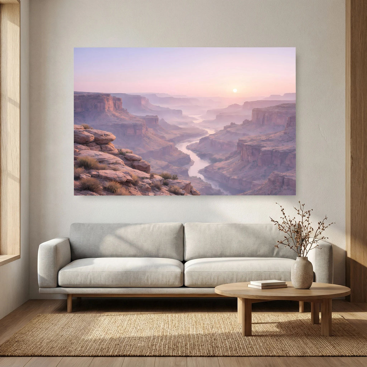 Wandbild Querformat mit Canyon-Motiv, Sonnenaufgang, Blick in die Flussschlucht.
