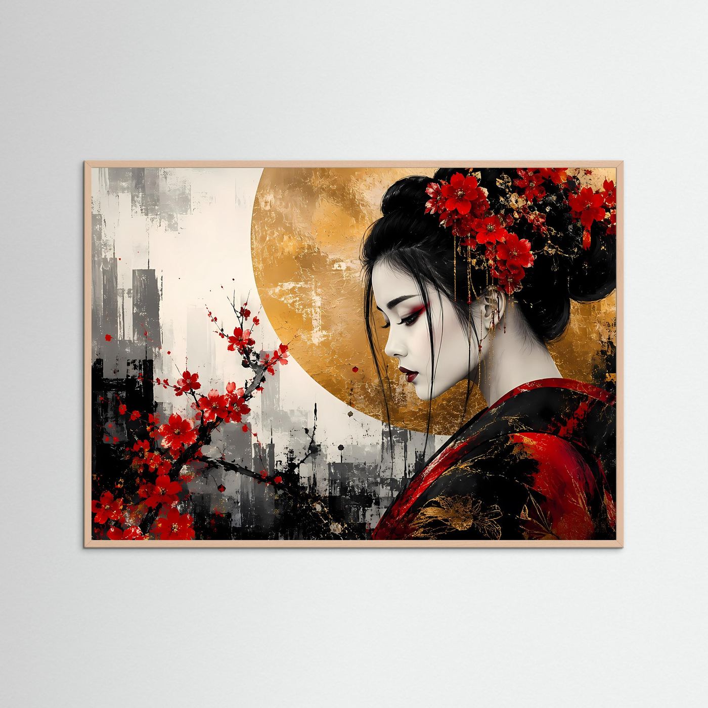 Geisha-Wandbild mit Roséholzrahmen: Geisha in Rot mit roten Blüten im schwarzen Haar.