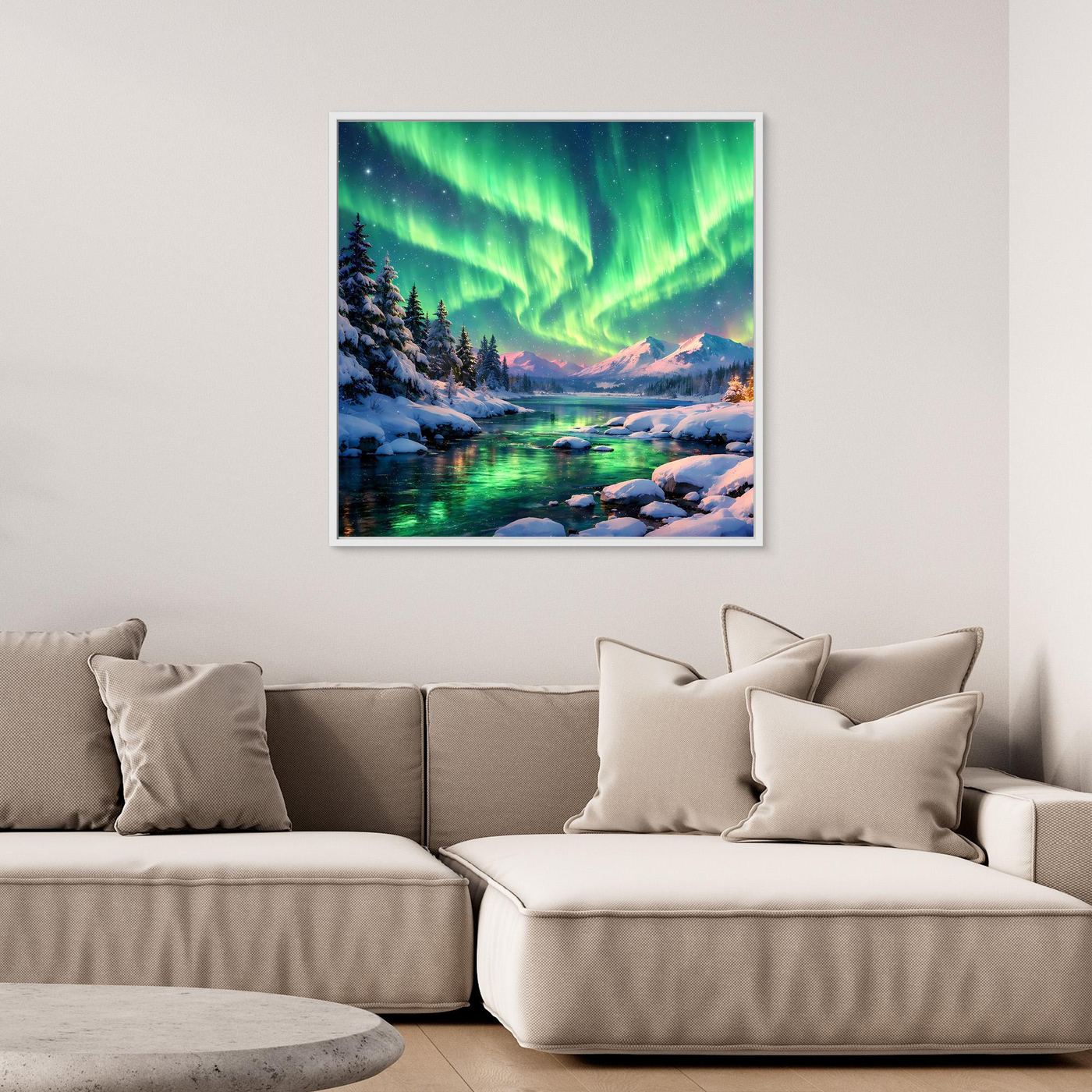 Leinwandbild Magische Polarlichter | Winterliche Polarlicht-Nacht Wandbild auf echtem Holzkeilrahmen