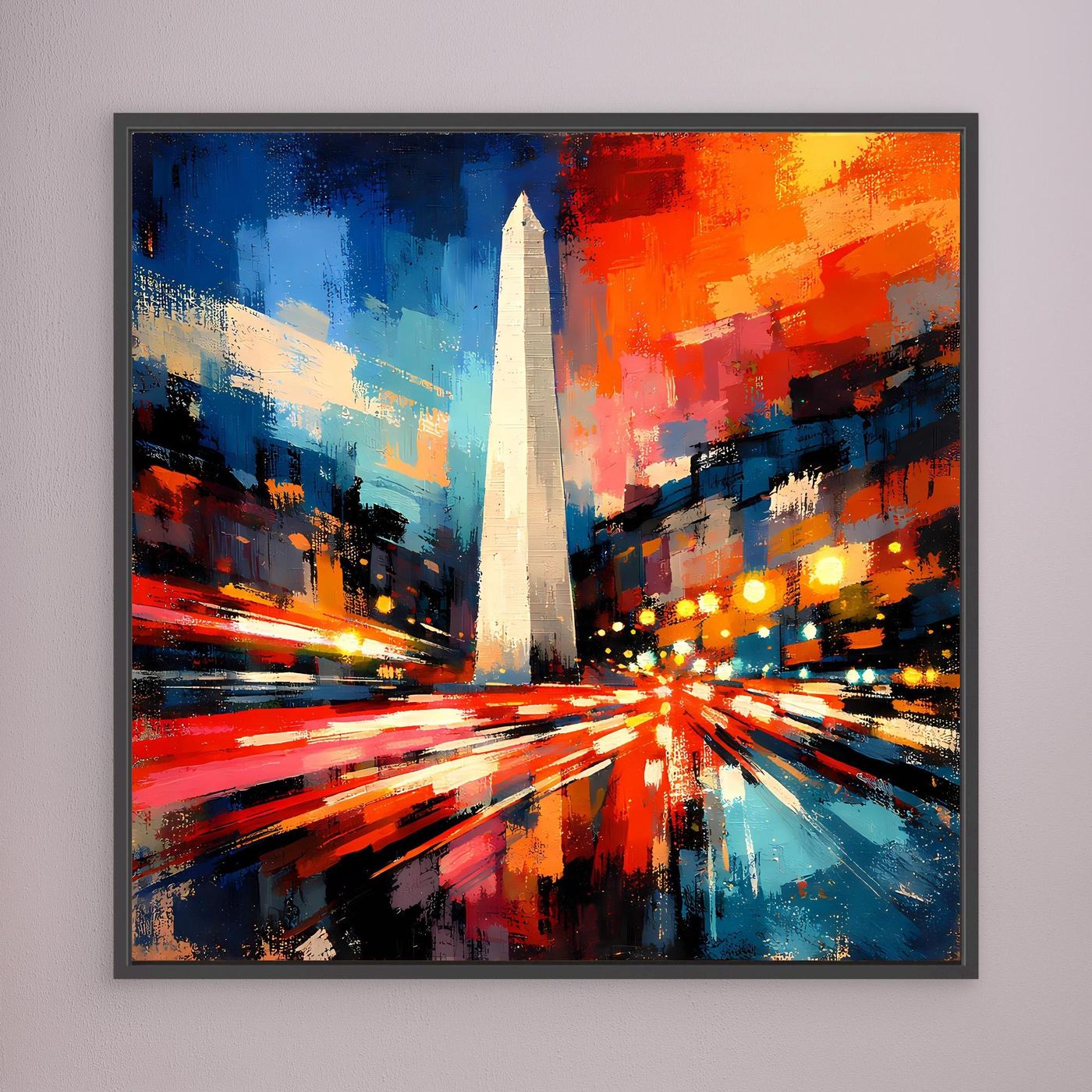 Abstraktes Wandbild mit Obelisk-Motiv in Blau, Rot und Orange, schwarz gerahmt