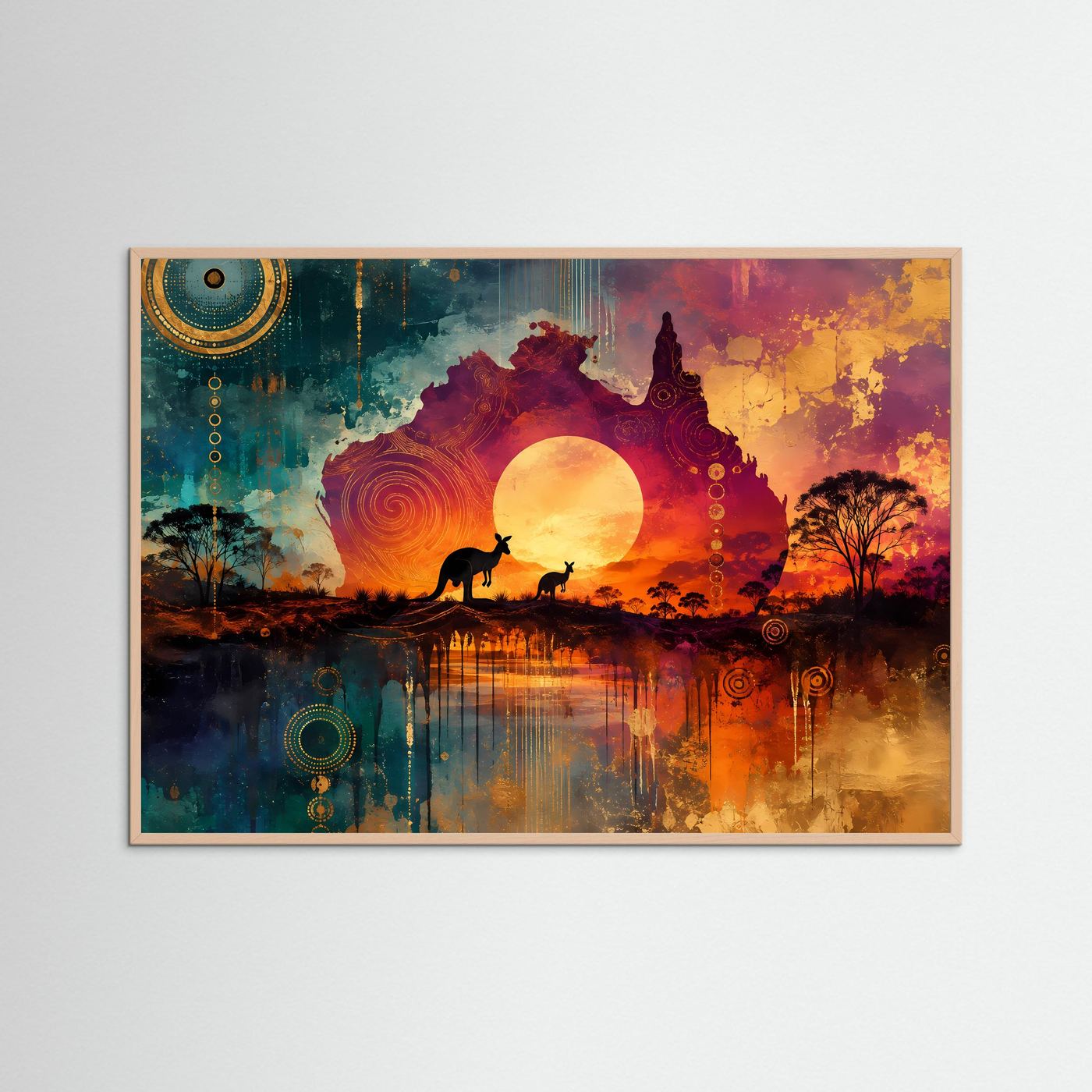 Australien Poster | Aborigines Kunst Wandbild | Känguru Silhouette bei Sonnenuntergang | Outback Landschaft | Moderne Fine Art
