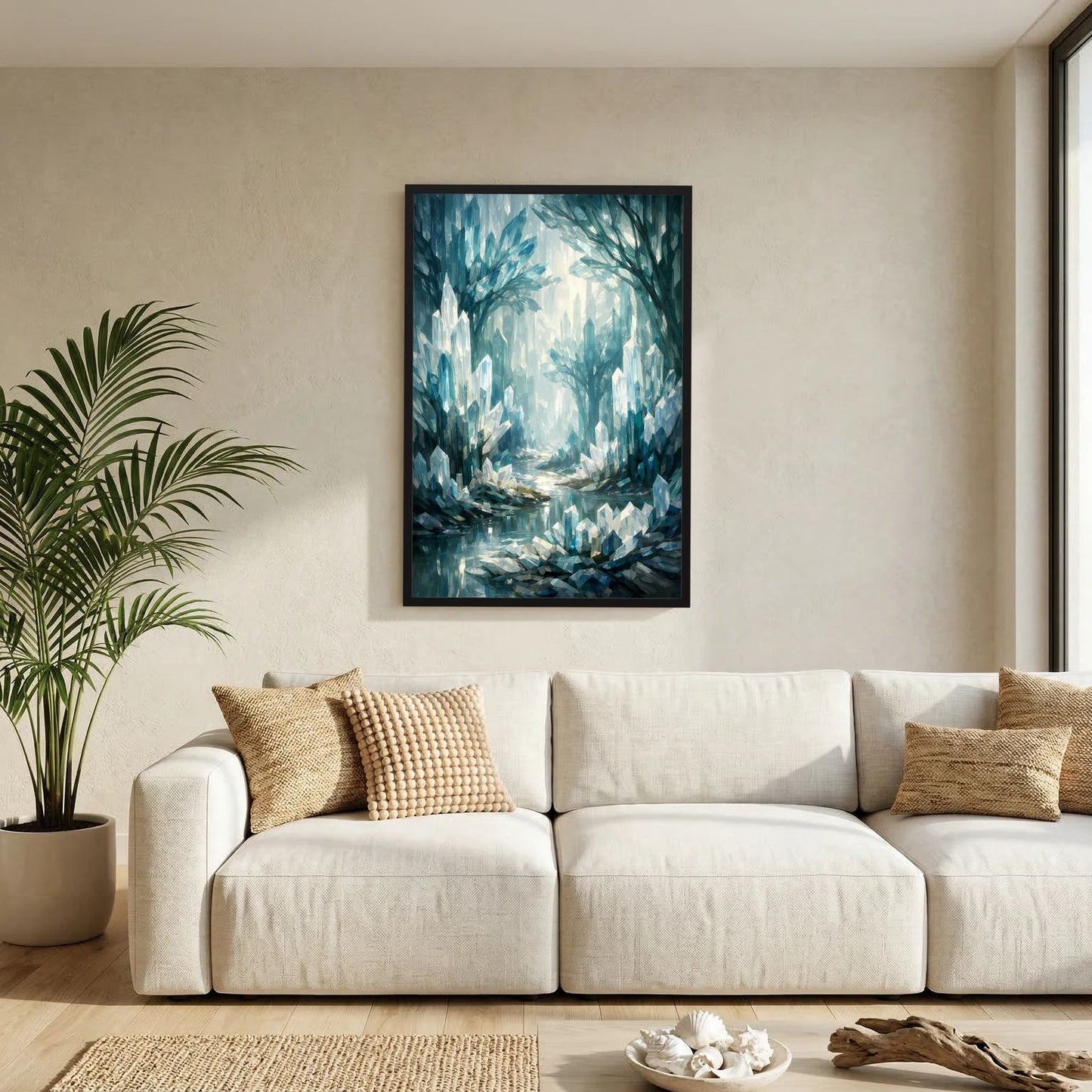 Wandbild im schwarzen Rahmen: blauer Kristallwald mit kristallinen Bäumen und Wasserlauf