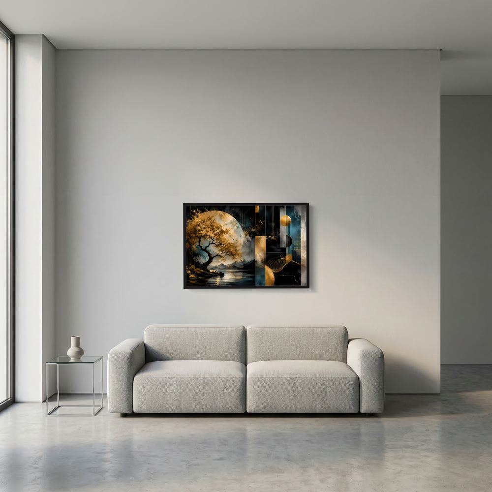 Abstraktes Querformat-Poster an der Wand: Baum, Mondsichel und geometrische Elemente