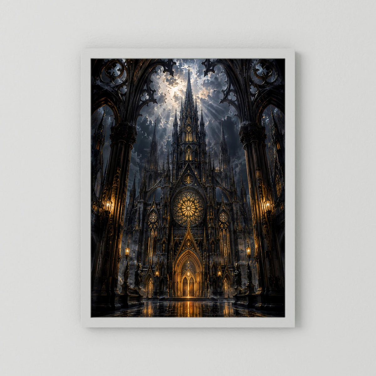 Hochformat-Poster gotische Kathedrale in Schwarz und Gold, weißer Rahmen